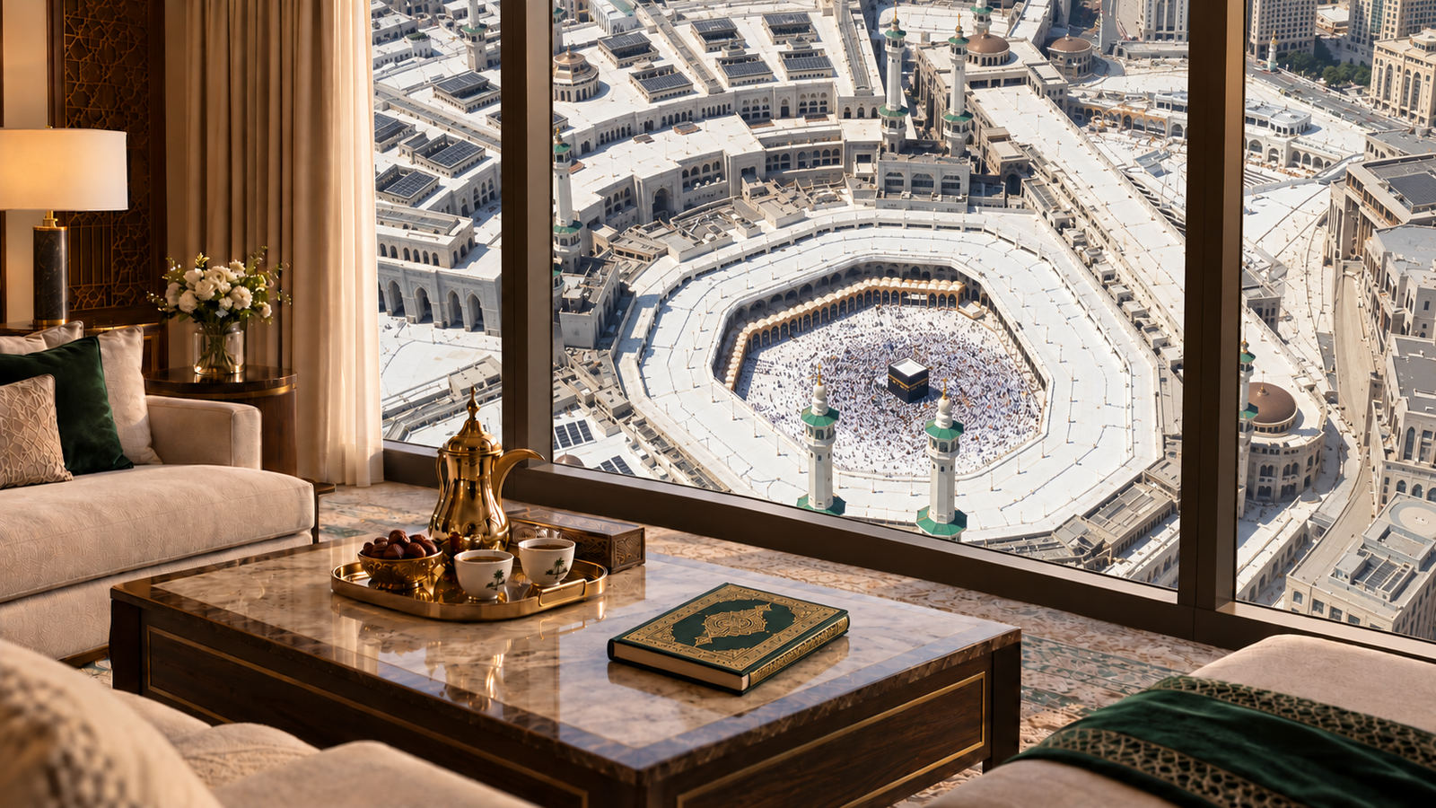 إطلالة بانورامية للحرم المكي من جناح فندقي — Illustrative suite overlooking the Holy Mosque
